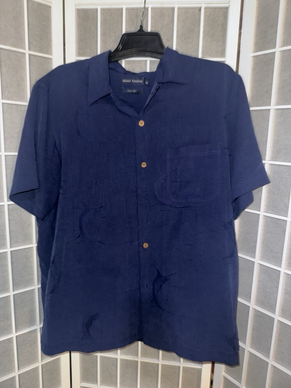 Grant Thomas Pure Silk Short Sleeve Button Front Shirt Size L Navy Blue Basic